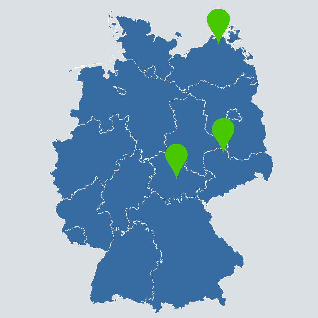 Deutschlandkarte mit drei markierten Standorten