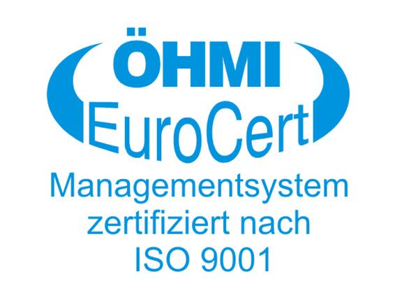 Logo ÖHMI EuroCert mit Text 'Managementsystem zertifiziert nach ISO 9001' in Blau
