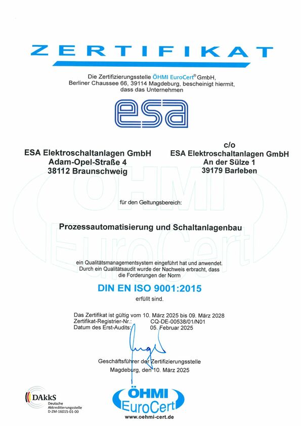 Öhmd Zertifikat für esa Elektroschaltanlagen