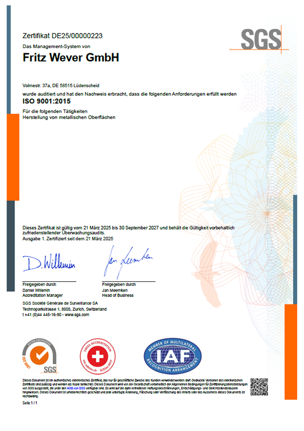 Fritz Wever GmbH - Zertifikat ISO 9001:2015