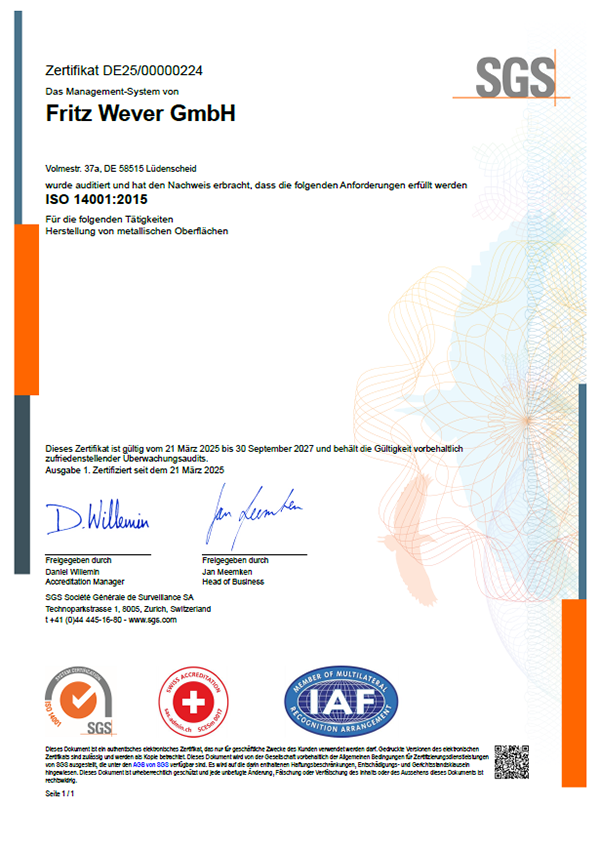 Fritz Wever GmbH - Zertifikat ISO 14001:2015