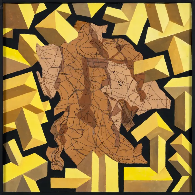 „Bebauungsplan Hessenwald“ | 2025 | 50 x 50 cm | Collage, Öl, Dispersion auf MDF-Platte