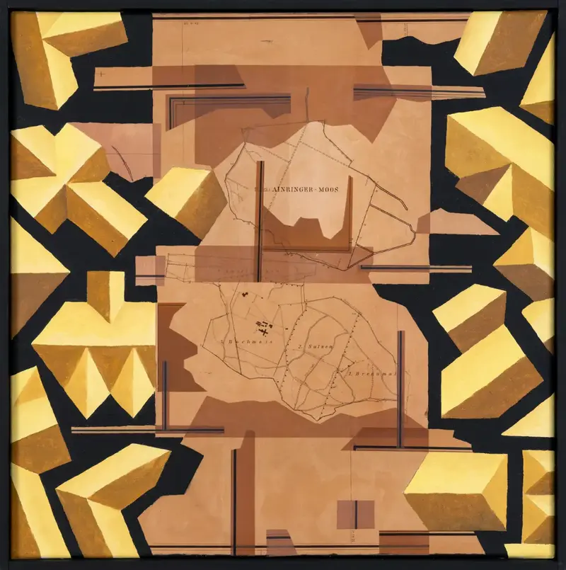 „Bebauungsplan Patting“ | 2025 | 50 x 50 cm | Collage, Öl, Dispersion auf Leinwand