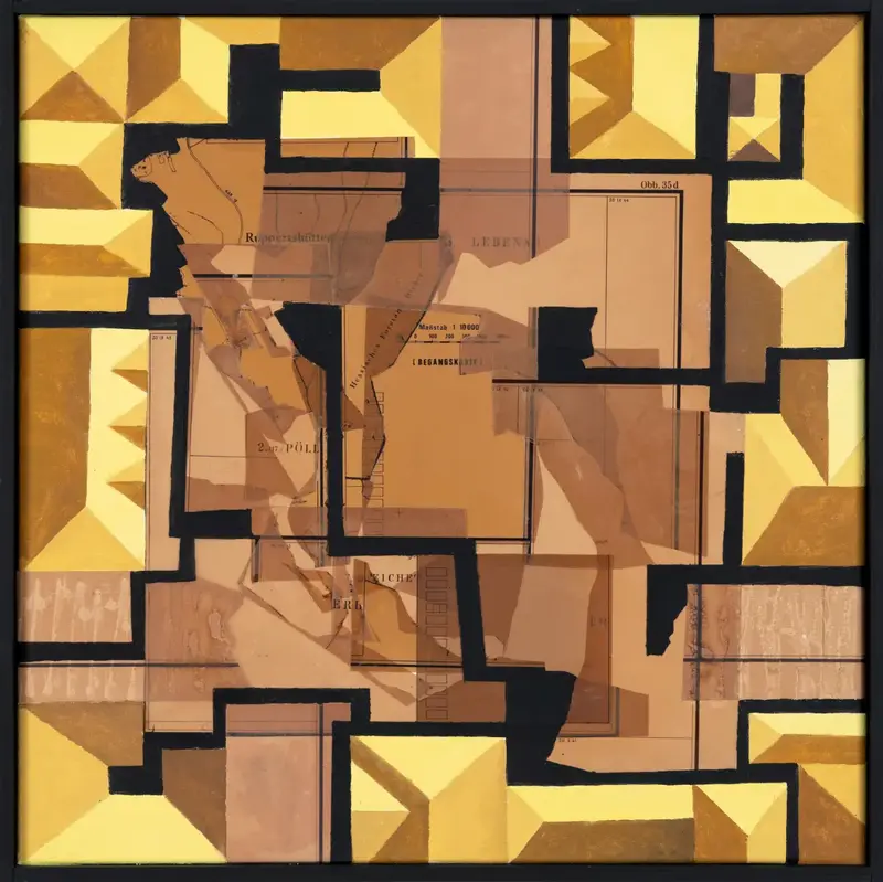 „Bebauungsplan Osing“ | 2025 | 50 x 50 cm | Collage, Öl, Dispersion auf Leinwand