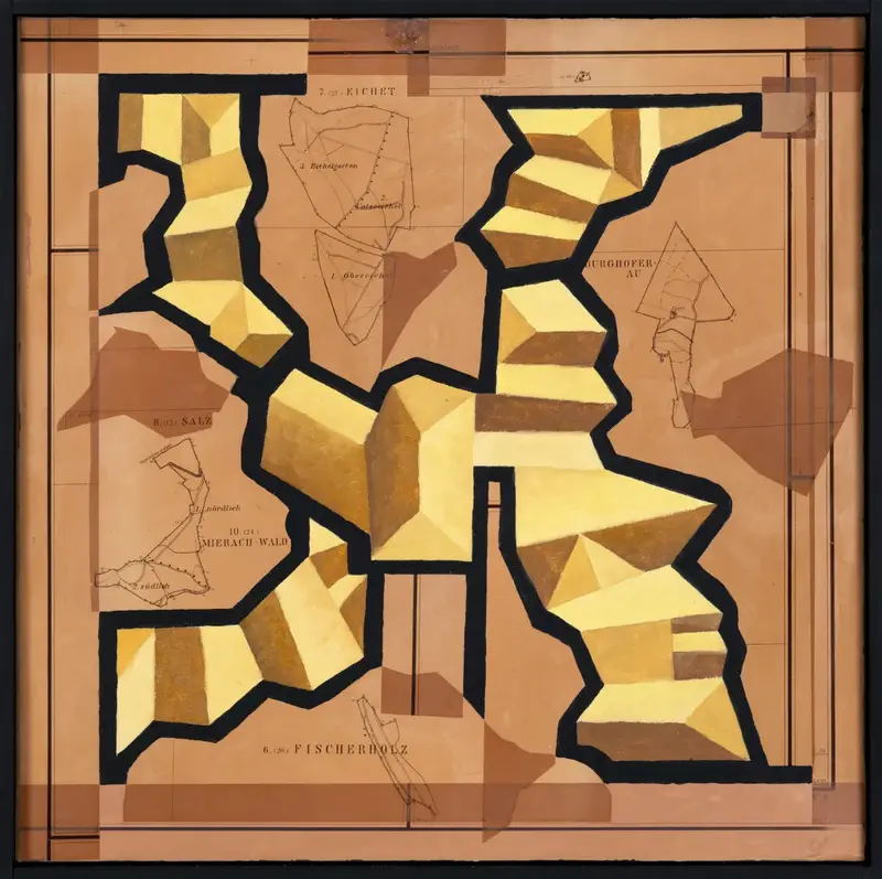 „Bebauungsplan Breitenloh“ | 2025 | 50 x 50 cm | Collage, Öl, Dispersion auf Leinwand