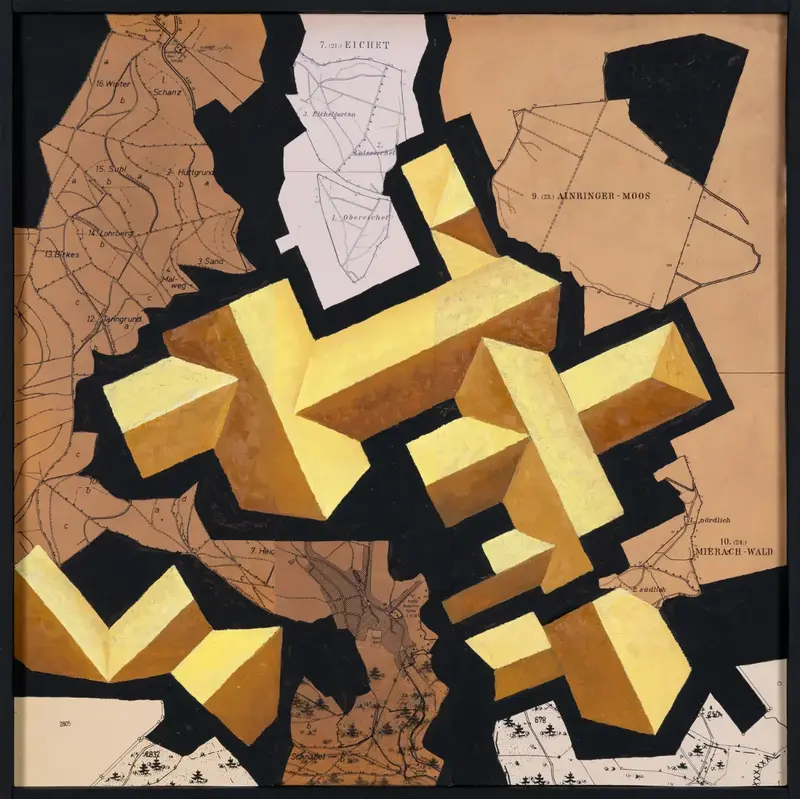 „Bebauungsplan Eichet“ | 2025 | 50 x 50 cm | Collage, Öl, Dispersion auf MDF-Platte