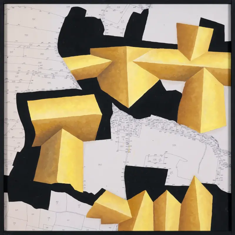 „Bebauungsplan Durchham“ | 2025 | 50 x 50 cm | Collage, Öl, Dispersion auf MDF-Platte