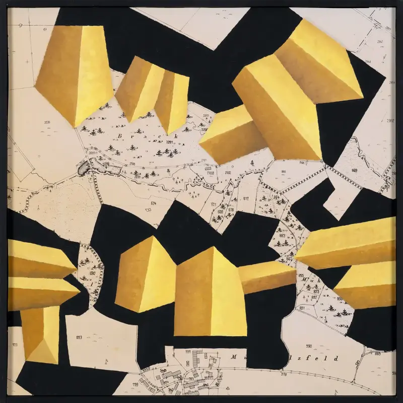 „Bebauungsplan Weng“ | 2025 | 50 x 50 cm | Collage, Öl, Dispersion auf MDF-Platte