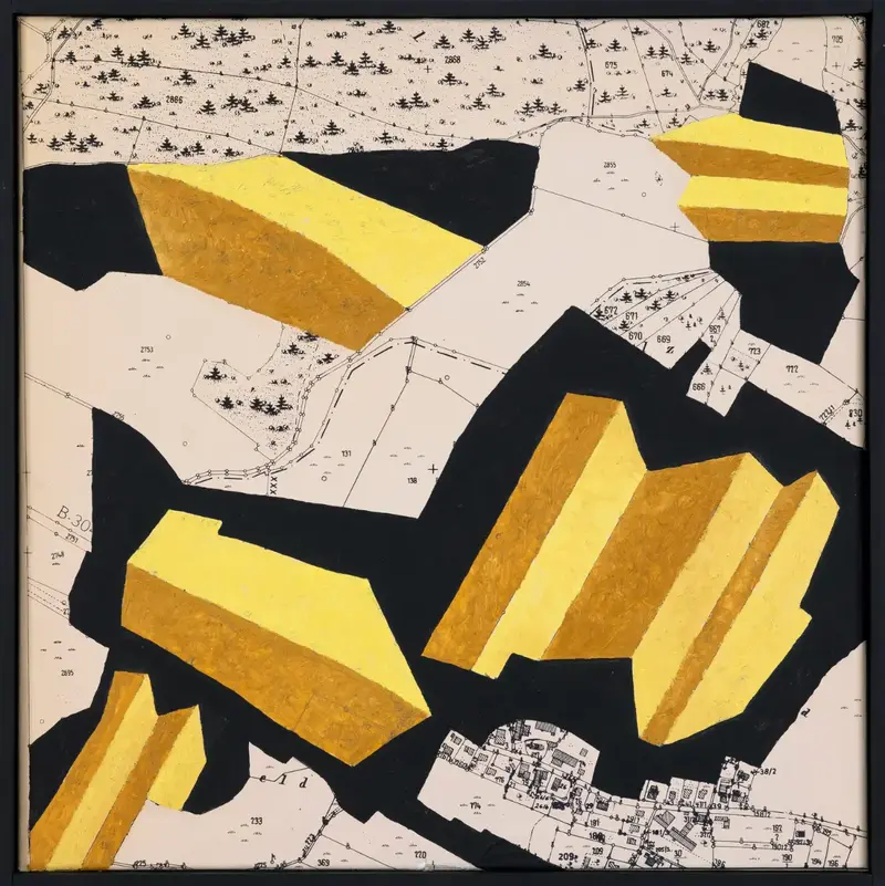 „Bebauungsplan Straß “ | 2025 | 50 x 50 cm | Collage, Öl, Dispersion auf Leinwand