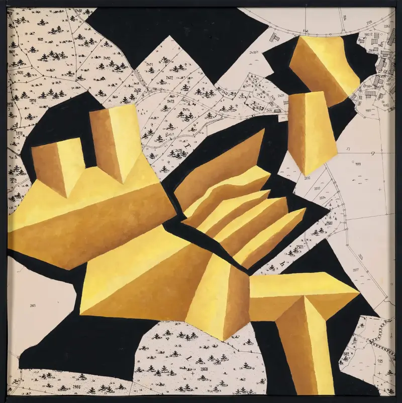 „Bebauungsplan Tiefenthal“ | 2025 | 50 x 50 cm | Collage, Öl, Dispersion auf MDF-Platte