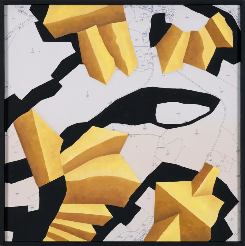 „Bebauungsplan Immelsberg“ | 2025 | 50 x 50 cm | Collage, Öl, Dispersion auf MDF-Platte