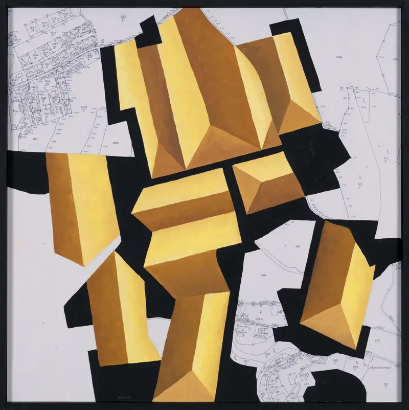„Bebauungsplan Vorau“ | 2025 | 50 x 50 cm | Collage, Öl, Dispersion auf MDF-Platte