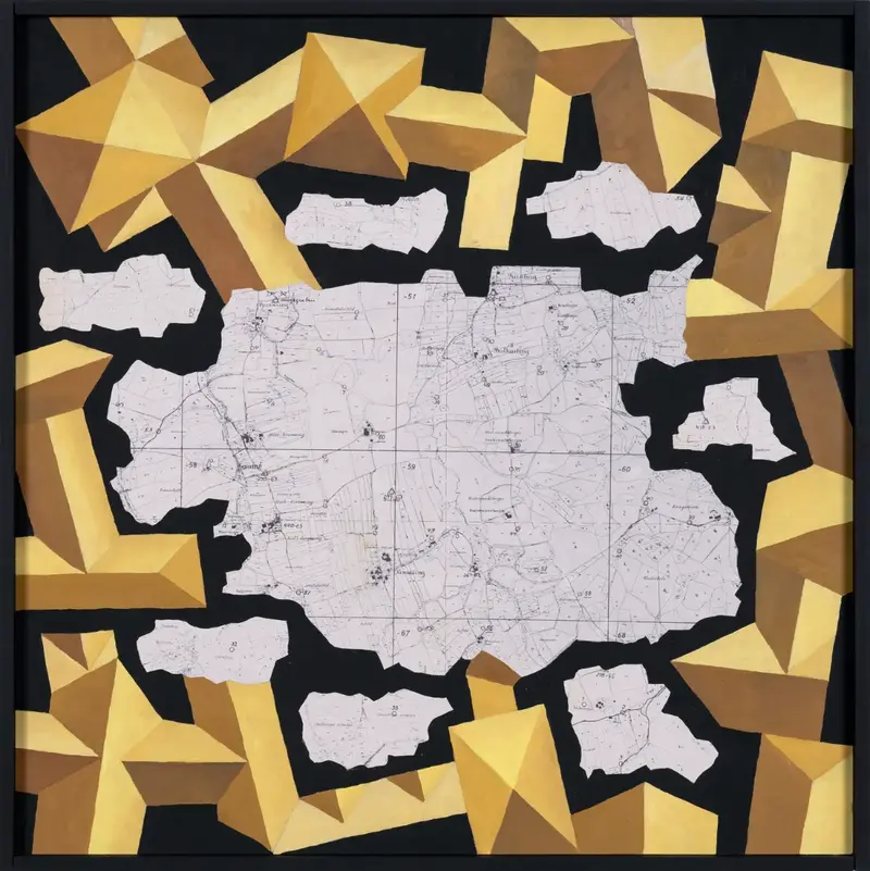 „Bebauungsplan Göming“ | 2026 | 50 x 50 cm | Collage, Öl, Dispersion auf MDF-Platte