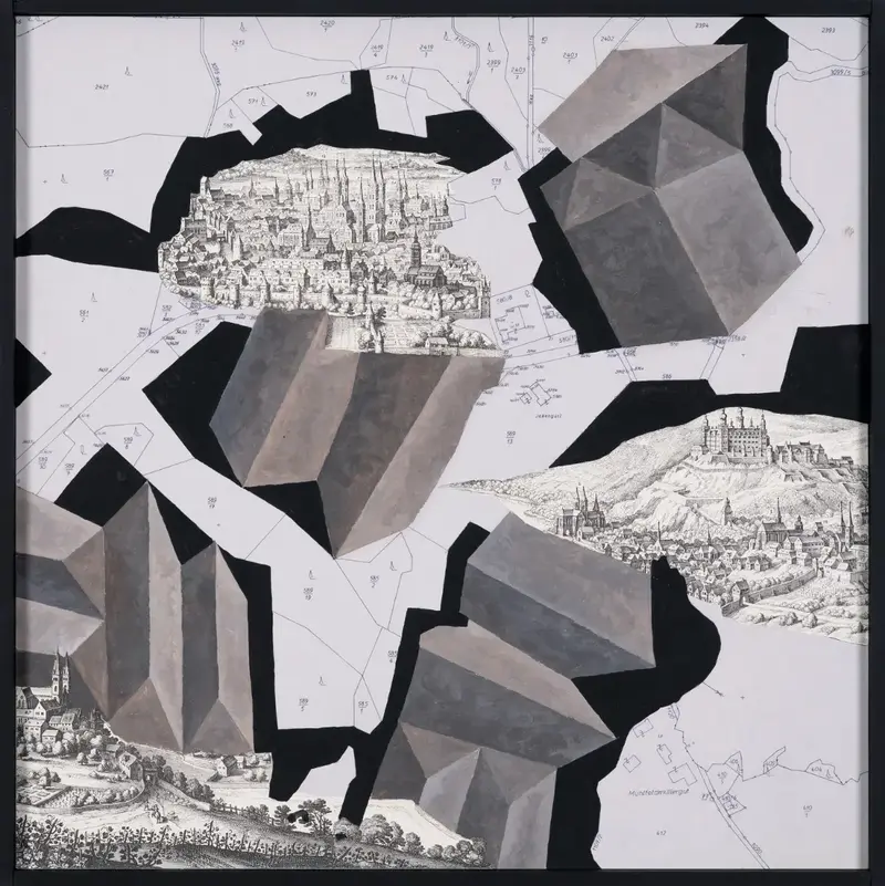 „Bebauungsplan Jakengütl“ | 2026 | 50 x 50 cm | Collage, Öl, Dispersion auf MDF-Platte