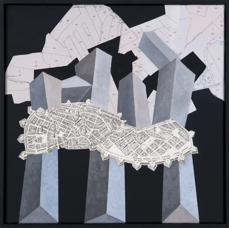 „Bebauungsplan Hamburg“ | 2026 | 50 x 50 cm | Collage, Öl, Dispersion auf Leinwand