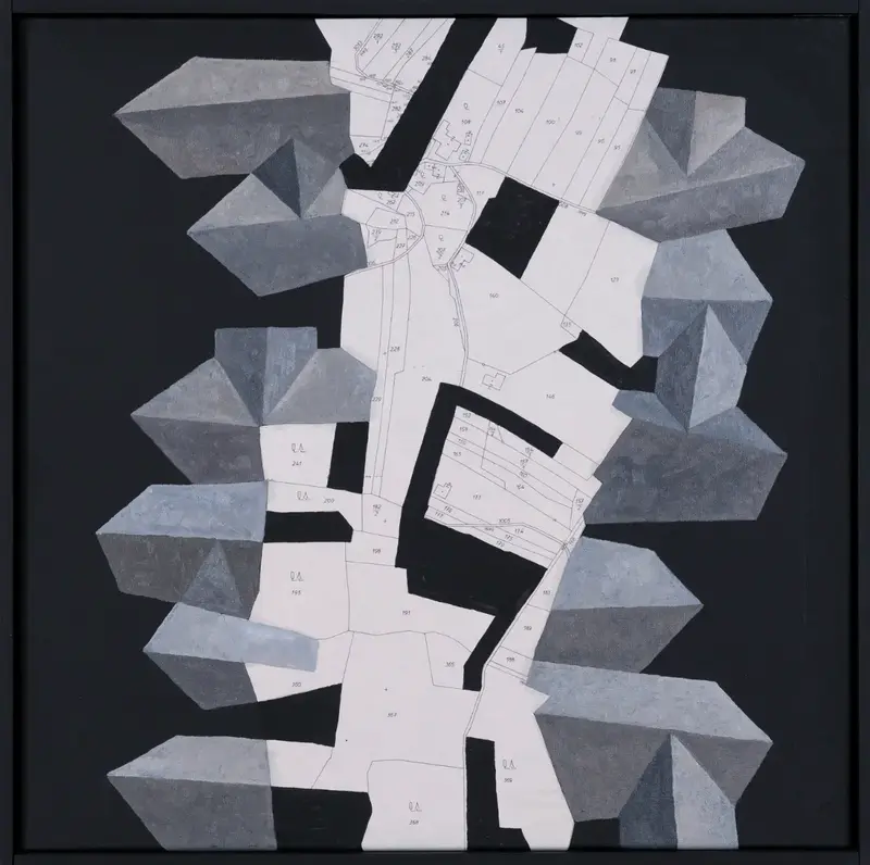 „Bebauungsplan Thalhausen“ | 2026 | 50 x 50 cm | Collage, Öl, Dispersion auf Leinwand