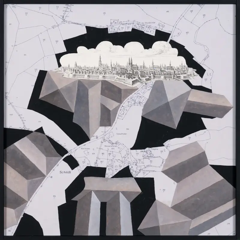 „Bebauungsplan Schlößl“ | 2026 | 50 x 50 cm | Collage, Öl, Dispersion auf MDF-Platte