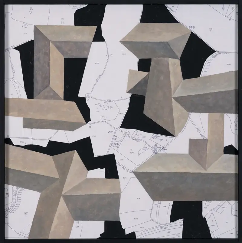 „Bebauungsplan Au“ | 2026 | 50 x 50 cm | Collage, Öl, Dispersion auf MDF-Platte
