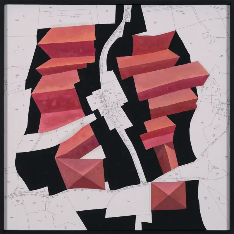 „Bebauungsplan Bulharting“ | 2026 | 50 x 50 cm | Collage, Öl, Dispersion auf MDF-Platte