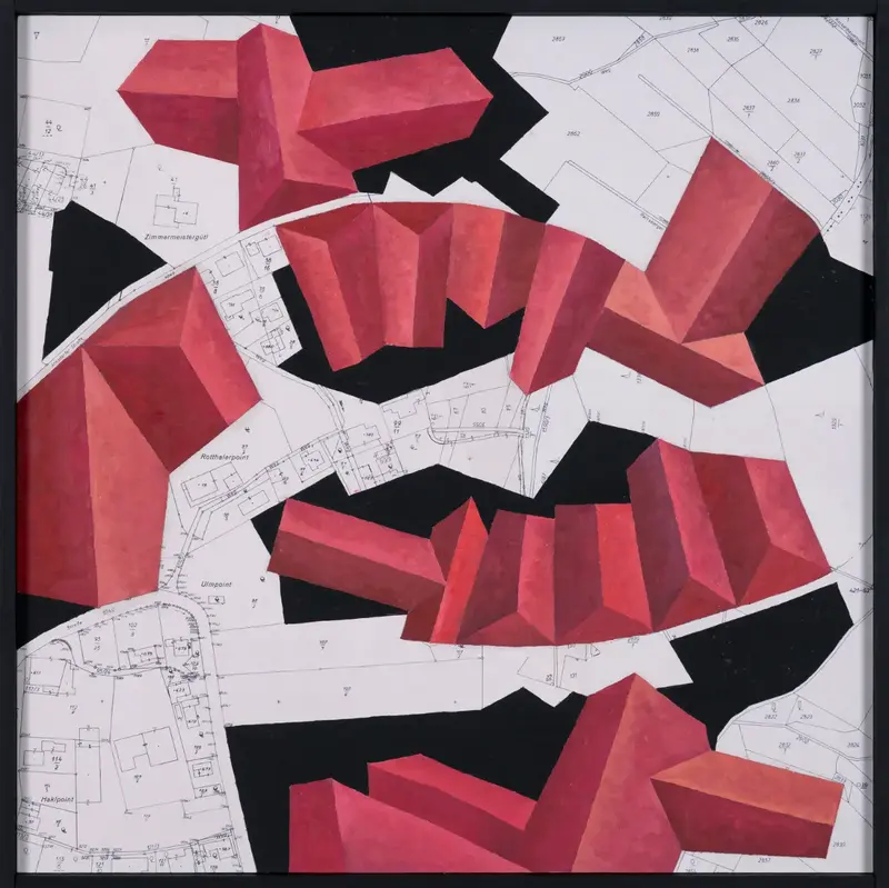 „Bebauungsplan Umlpoint“ | 2026 | 50 x 50 cm | Collage, Öl, Dispersion auf MDF-Platte