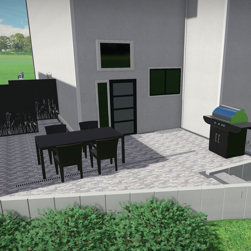 Terrasse mit schwarzem Esstisch und vier Stühlen, schwarzem Grill, grauem Bodenbelag und weißer Umfassungsmauer vor einem modernen Haus.