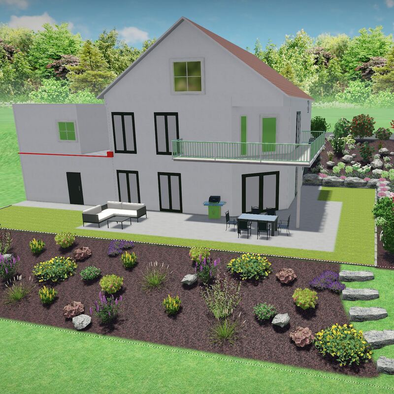 Modernes zweistöckiges Haus mit Balkon, Terrasse mit Sitzmöbeln und Grill, umgeben von gepflegtem Garten mit Blumenbeeten und Steintreppe.