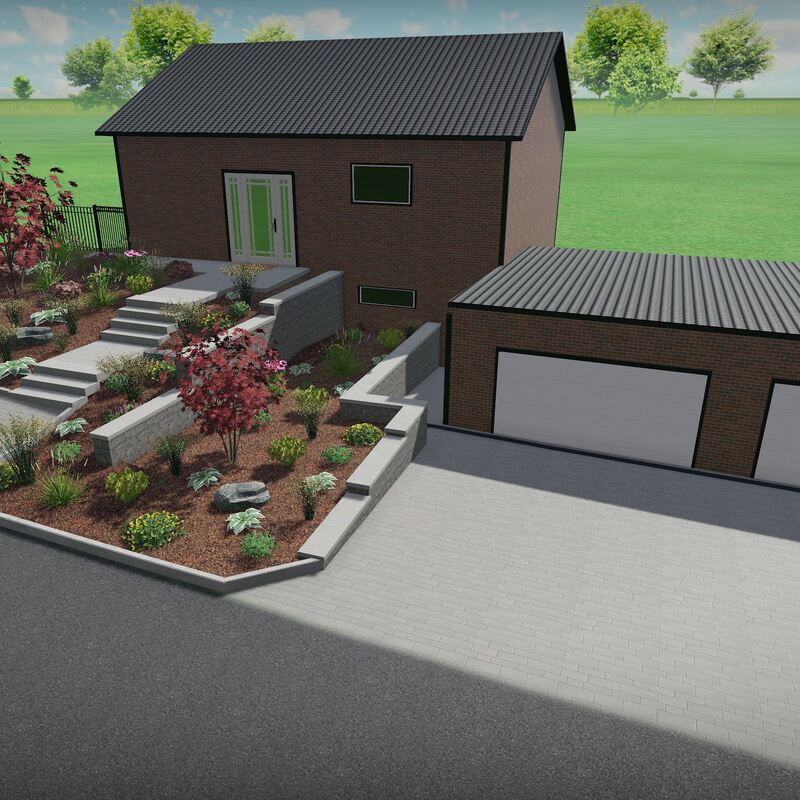 Zweistöckiges Haus mit braunen Wänden und schwarzem Dach, angrenzende Doppelgarage mit zwei weißen Toren, Vorgarten mit Treppen und verschiedenen Pflanzen.
