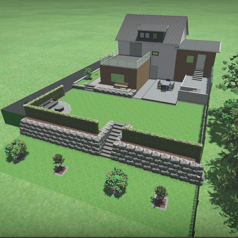 Modernes zweistöckiges Haus mit grauem Dach, Terrasse mit Sitzgruppe, großem Garten mit Rasen, Steintreppe und Hecken als Einfriedung.